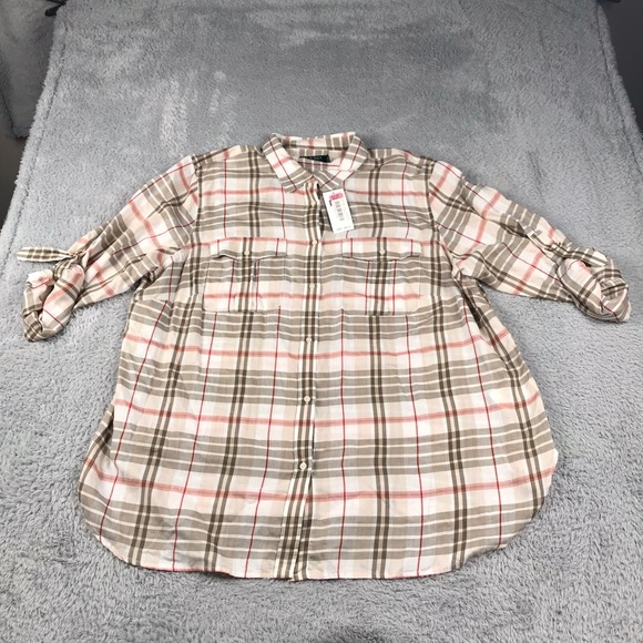 Lauren Ralph Lauren Tops - LRL Ralph Lauren Shirt Womens 3X Plaid Convertible Sleeve Button Blouse NEW NWT
